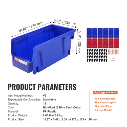 Stackable Plastic Storage Bins, 11 x 5 x 5 in, 12-Pack