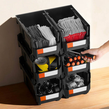 Stackable Storage Bins, Open Front, Black, 6 Pack, 37.7 x 21.5 x 18 cm