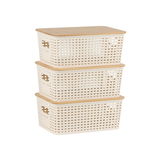 Stackable Storage Box Set with Bamboo Lid, Perforated Design