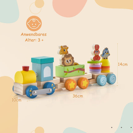 Stackable wooden train set with colorful animal figures and funny wooden wagons for boys and girls aged 3 and over