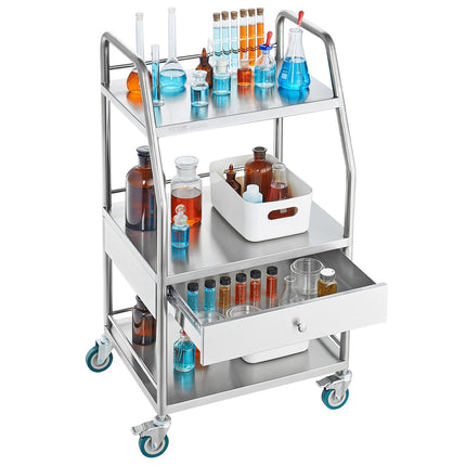 Stainless Steel 3-Tier Utility Cart With Drawer, Locks