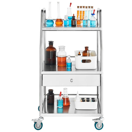 Stainless Steel 3-Tier Utility Cart With Drawer, Locks