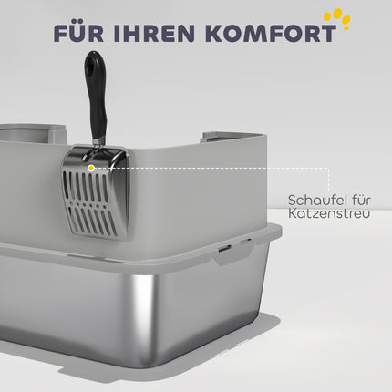 Stainless Steel Cat Litter Box with Scoop, High Sides, Grey