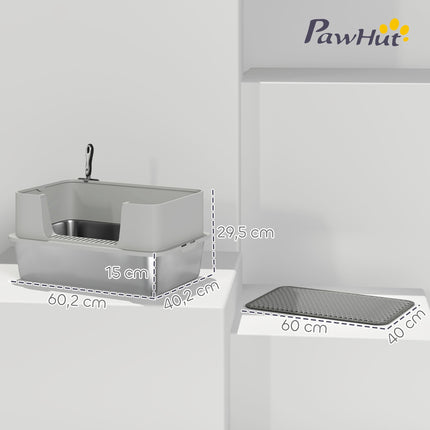 Stainless Steel Cat Litter Box with Scoop, High Sides, Grey