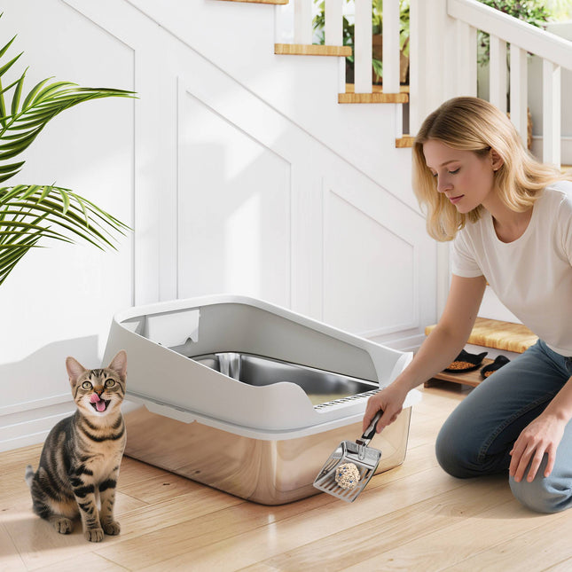 Stainless Steel Cat Litter Box with Scoop, High Sides, XXL