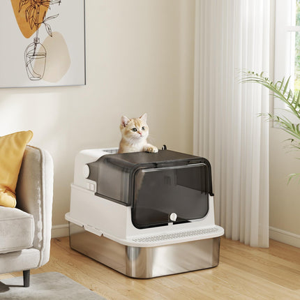 Stainless Steel Covered Cat Litter Box, 72L XXL, Double-Entry