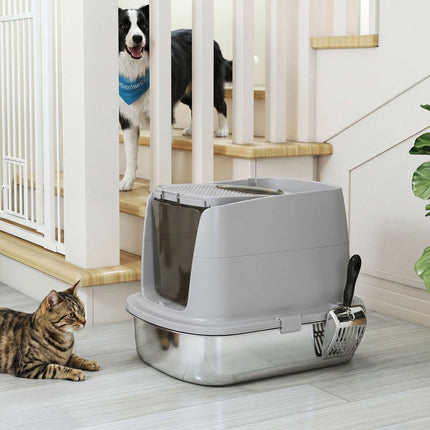 Stainless Steel Enclosed Cat Litter Box, Scoop Included