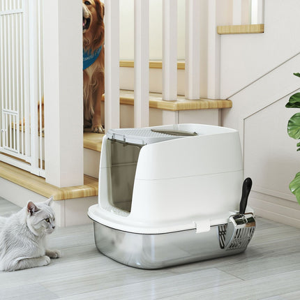 Stainless Steel Enclosed Cat Litter Box with Scoop