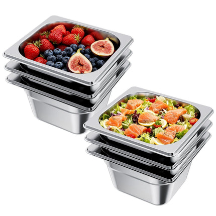 Stainless Steel Hotel Pans, 1/6 Size 100mm Deep, 6 Pack