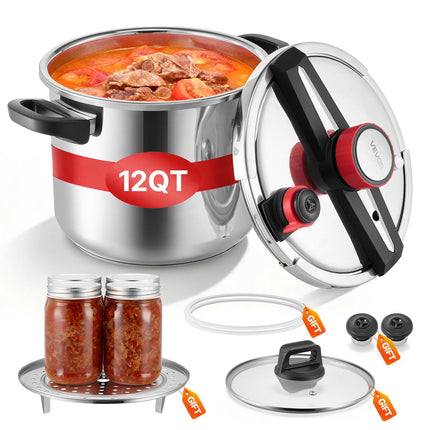 Stainless Steel Pressure Cooker 11.3L, 3 Settings, Steaming Rack