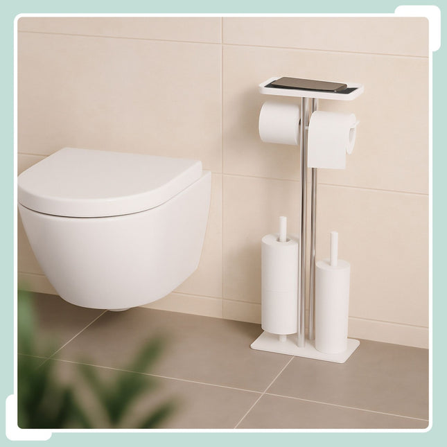 Toiletset van roestvrij staal met plank en reserverolhouder