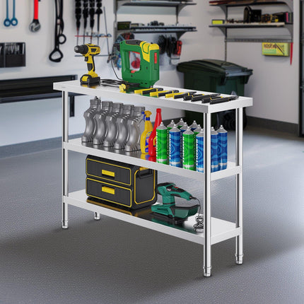Stainless Steel Work Table, 14 x 48 Inch, 3-Tier
