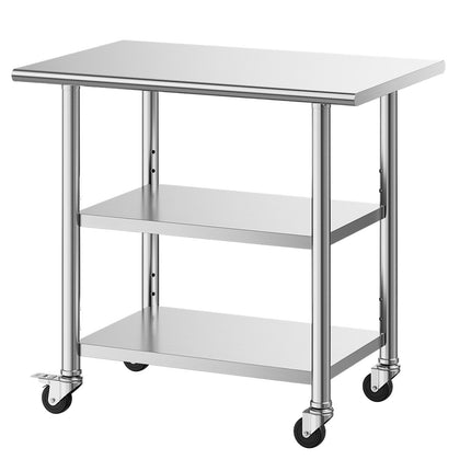 Stainless Steel Work Table, 36x24 in, 2 Shelves, Wheels