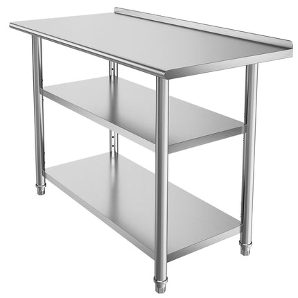 Stainless Steel Work Table 48x24 in, 2 Shelves, Backsplash