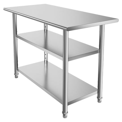 Stainless Steel Work Table 48x24 in, 2 Shelves, Hooks