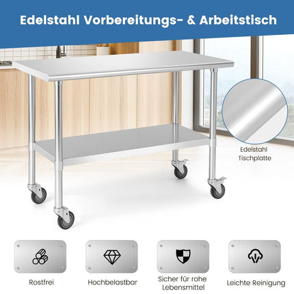 Stainless Steel Work Table with Wheels, Adjustable Shelf