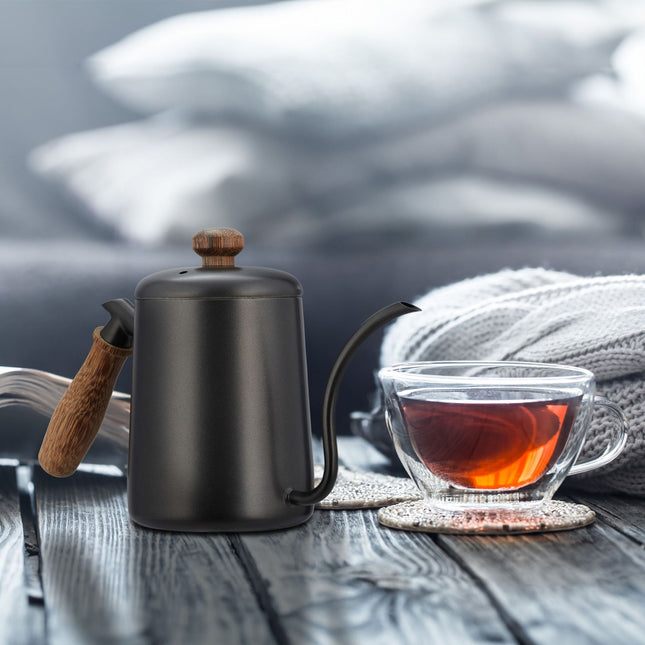 Stainless steel teapot with wooden handle