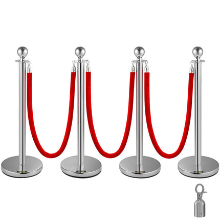 Stanchion Queue Barrier Posts, 4-Pack With 2 Red Velvet Ropes