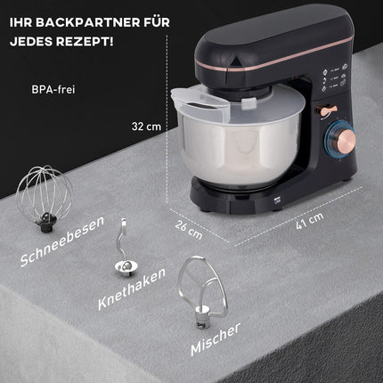 Stand Mixer, 6 Speeds, 5.5L Stainless Bowl, Black