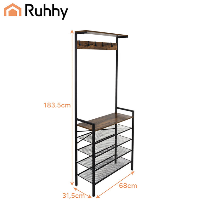 Standing Shelf with Hanger – Metal Frame, 4 Shelves, 5 Hooks
