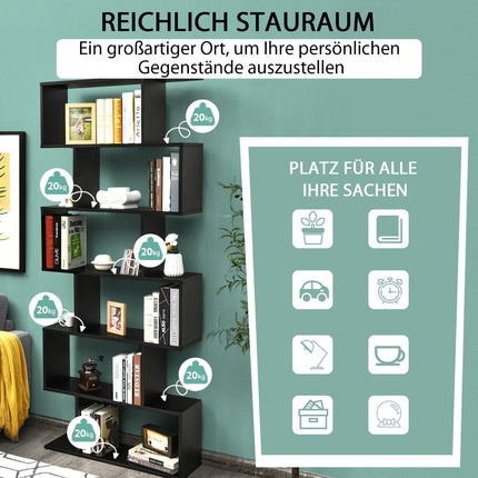 Standing shelf 6 levels S-shape bookcase storage shelf wood color choice black