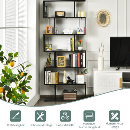 Standing shelf 6 levels S-shape bookcase storage shelf wood color choice black
