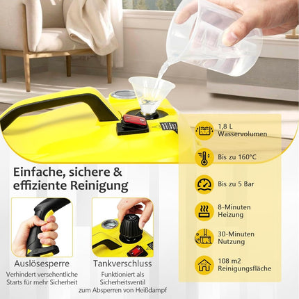 Steam Cleaner, 1.8L Tank, 5 Bar Pressure, 13 Accessories