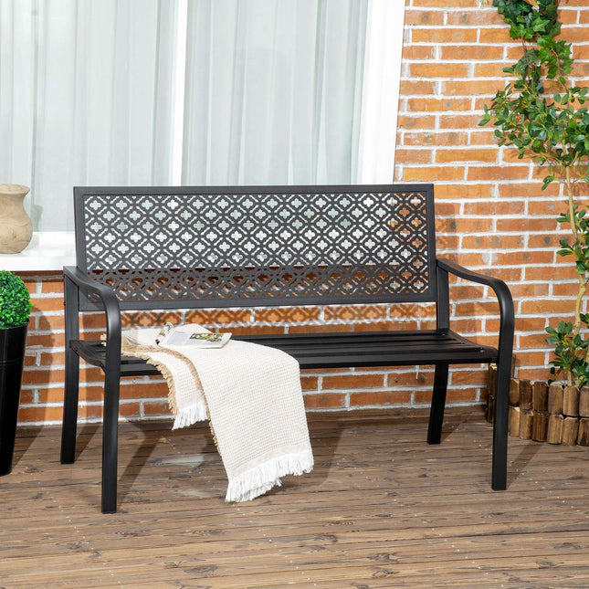 2-seater garden bench in steel with armrests, flower pattern
