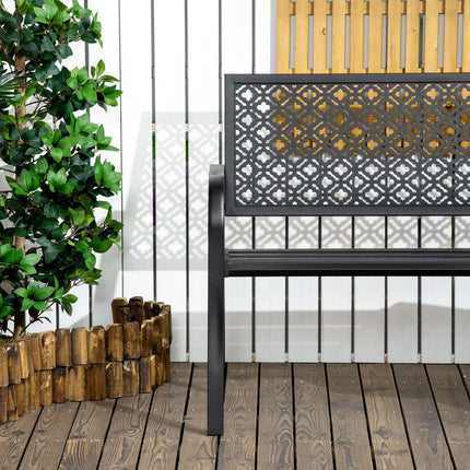 2-seater garden bench in steel with armrests, flower pattern