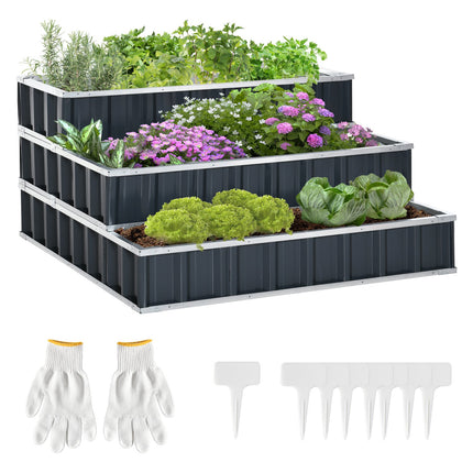 Steel 3-Tier Raised Garden Bed, T-Signs and Gloves, Dark Grey