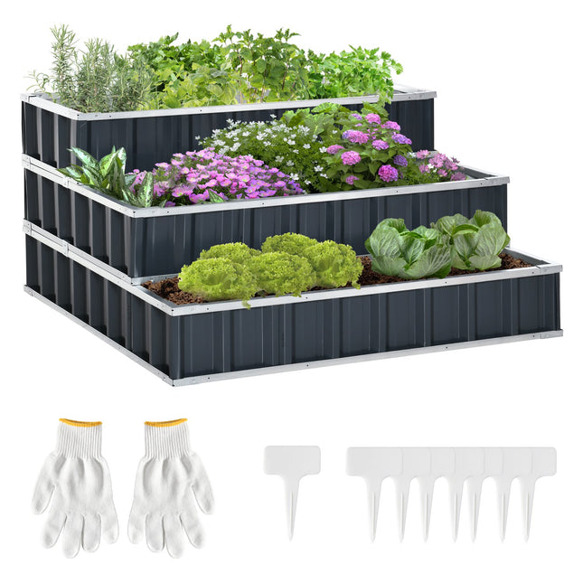 Steel 3-Tier Raised Garden Bed, T-Signs and Gloves, Dark Grey