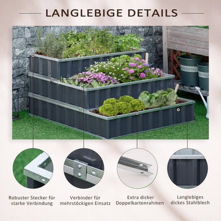 Steel 3-Tier Raised Garden Bed, T-Signs and Gloves, Dark Grey