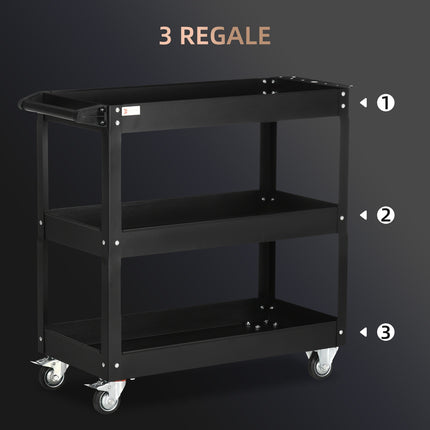 Steel workshop trolley, 3 shelves, wheels, 150 kg Capacity
