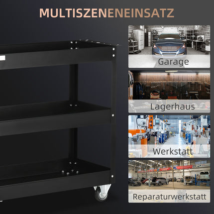 Steel workshop trolley, 3 shelves, wheels, 150 kg Capacity