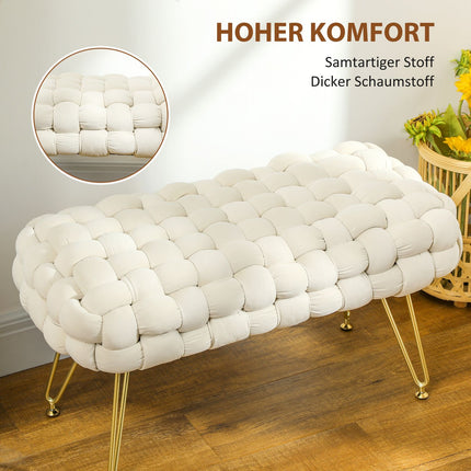Velvet covered footstool with metal legs, cream white
