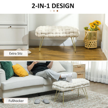 Velvet covered footstool with metal legs, cream white