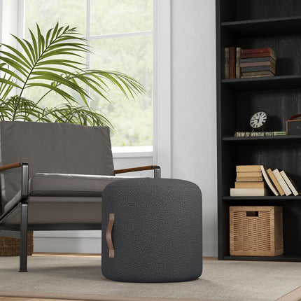 Round dark gray footstool, ottoman with handle - Ø48x45 cm