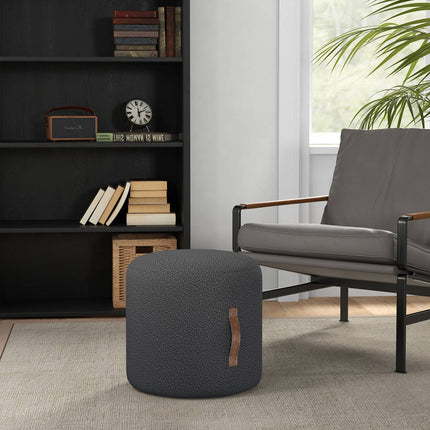 Round dark gray footstool, ottoman with handle - Ø48x45 cm