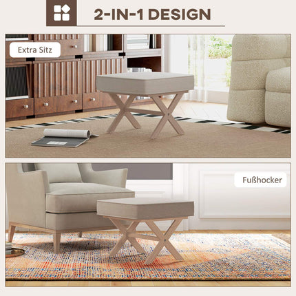 Cream White Upholstered Ottoman Bench - Wood, Non Slip Footrest