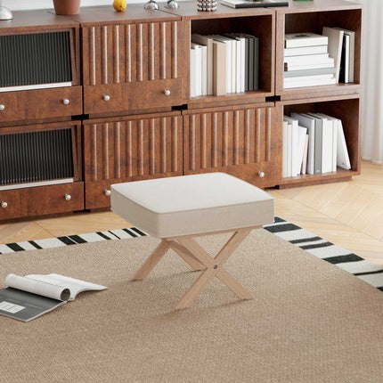Cream White Upholstered Ottoman Bench - Wood, Non Slip Footrest
