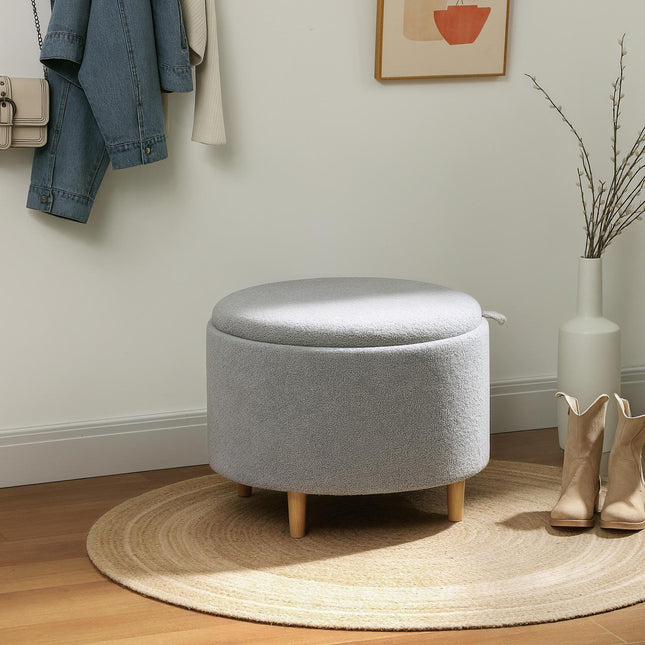 Grey Storage Ottoman – Teddy Fleece, Hidden Storage, 56x56x42 cm