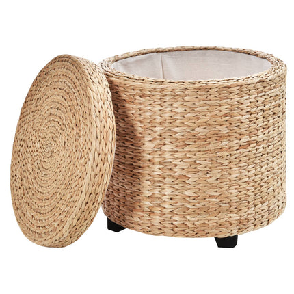 Footstool with storage, removable lid, straw rattan, khaki