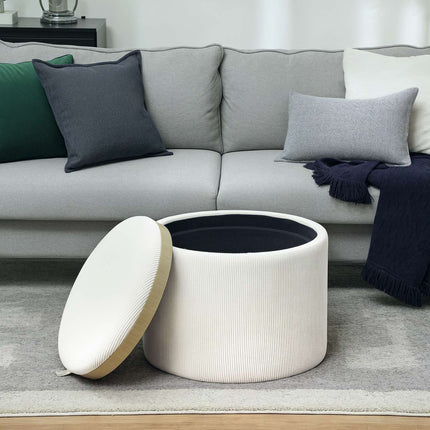 Round upholstered storage stool, Cream white, 56x56x42 cm