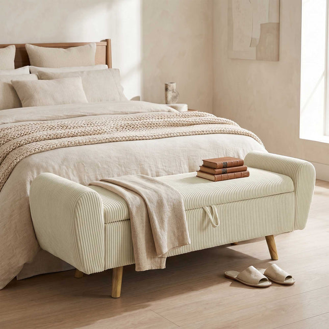 Opbergbank met verborgen vak, beige corduroy, 150 cm