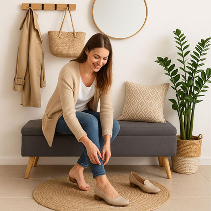 Storage Bench with Linen Upholstery and Wood Legs