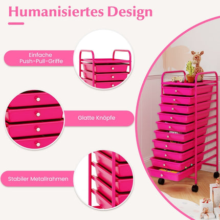 Storage Cart with 10 Drawers, Hot Pink, 33x37x86 cm
