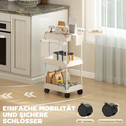 Storage Cart with 3 Baskets, Towel Holder, Wheels, White
