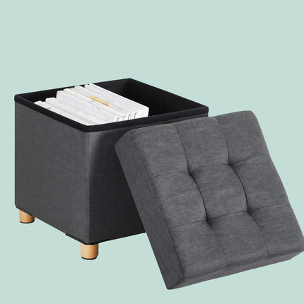 Storage Cube Stool with Upholstered Seat and Wooden Legs