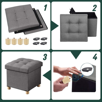 Storage Cube Stool with Upholstered Seat and Wooden Legs