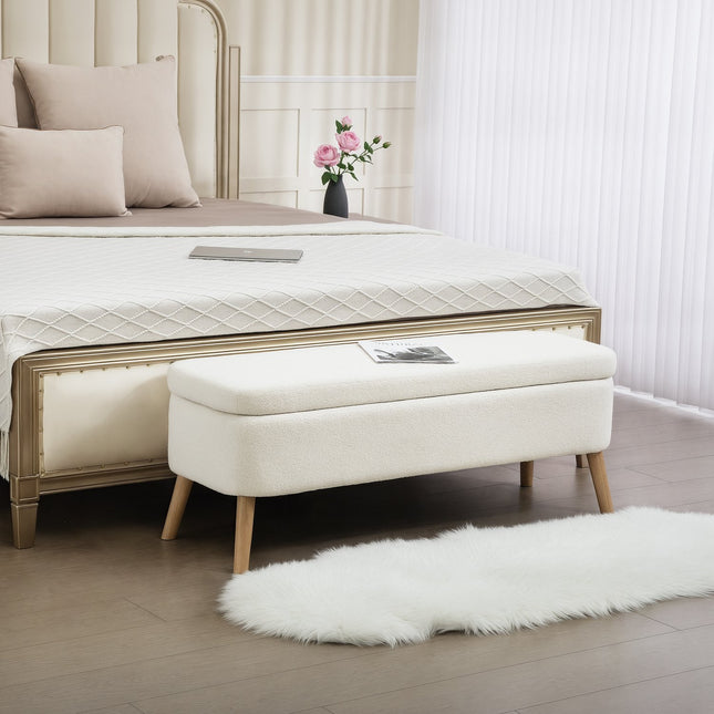 Storage Ottoman, 65L, Fleece, Rubberwood, 120x42x45 cm, Cream